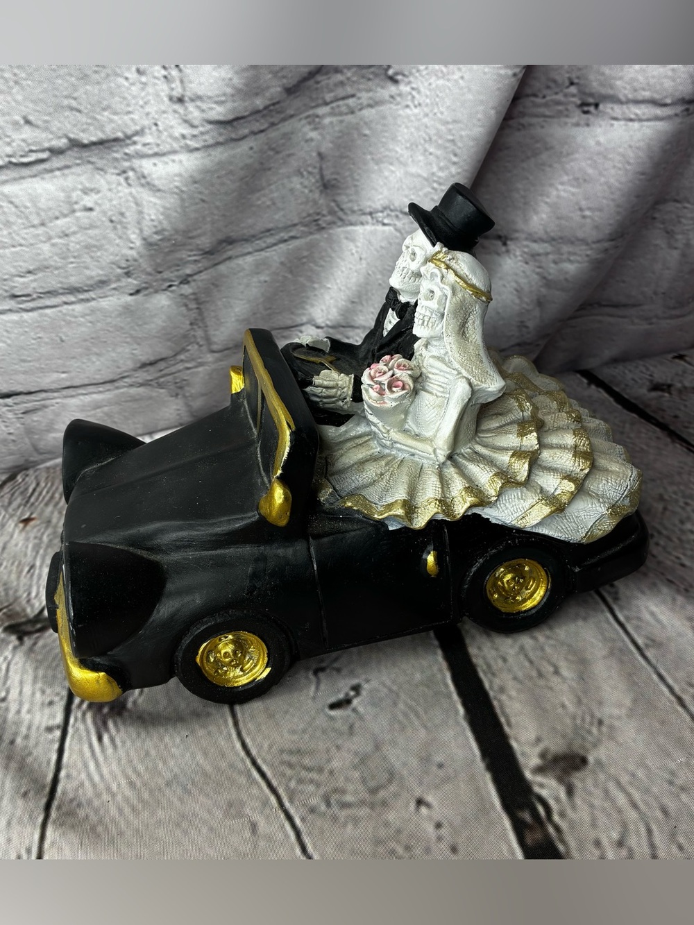 Black & Gold Skeleton Bride and Groom Car Figurine - Home Accents